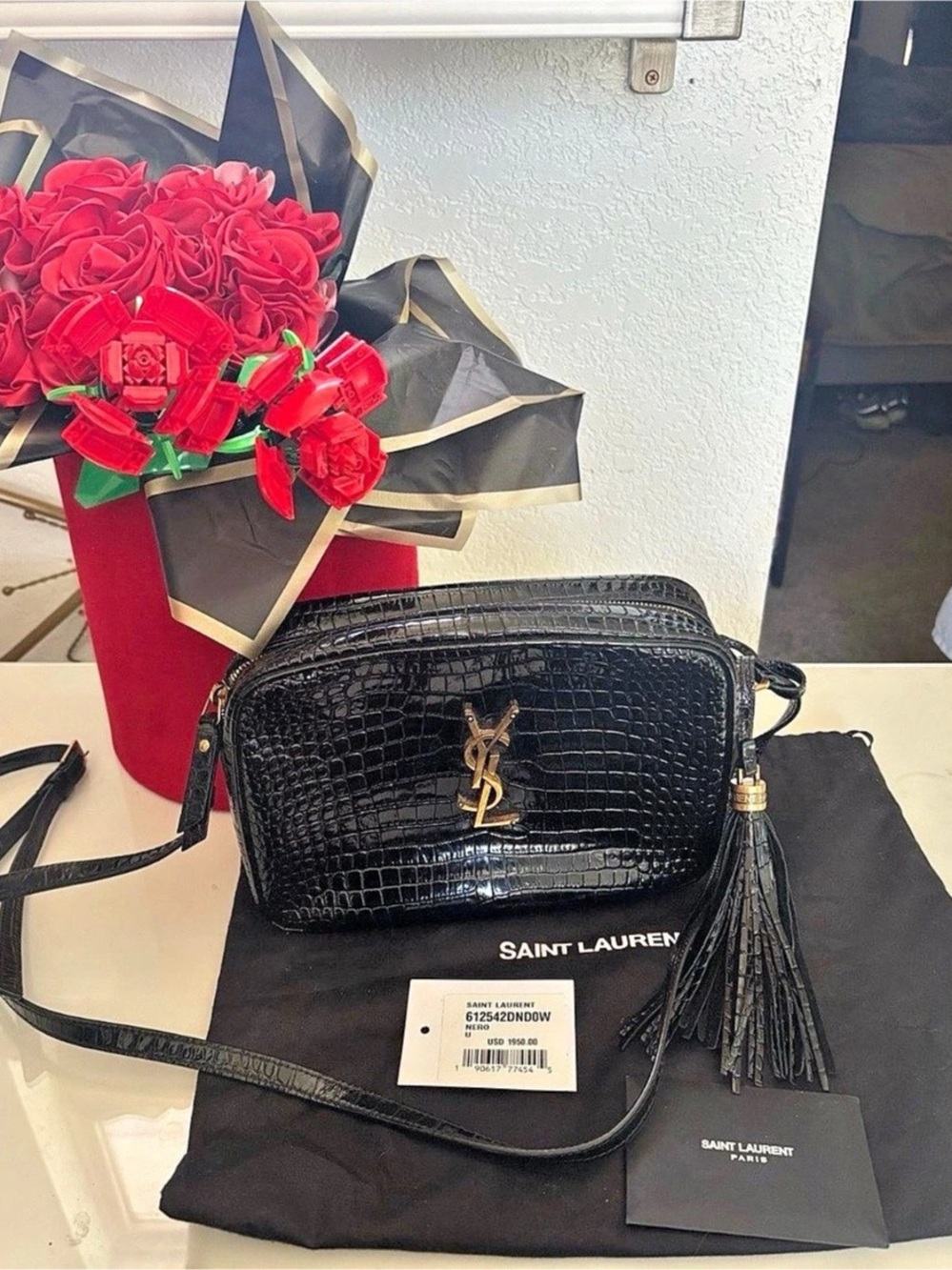 Saint Laurent Lou Camera Bag in Crocodile Embossed Leather Black Crossbody Bag